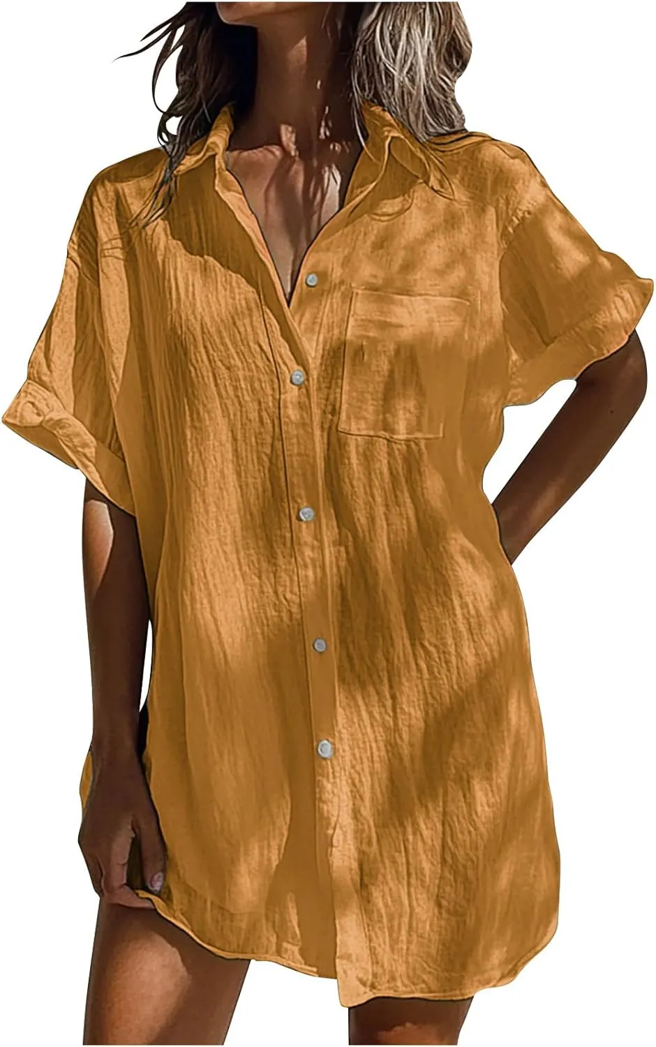 Womens Button Down Shirts Long Tunics Cotton Linen Dress Plus Size Short Sleeve Tops Beach Cover up Loose Blouse 2025