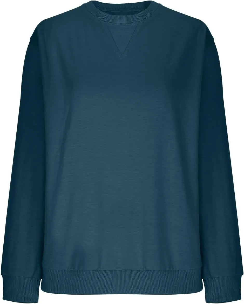Women's Casual Long Sleeve Shirts Tops Loose Casual Solid Round Neck Pullover Blouse 2024 Fall Outfits