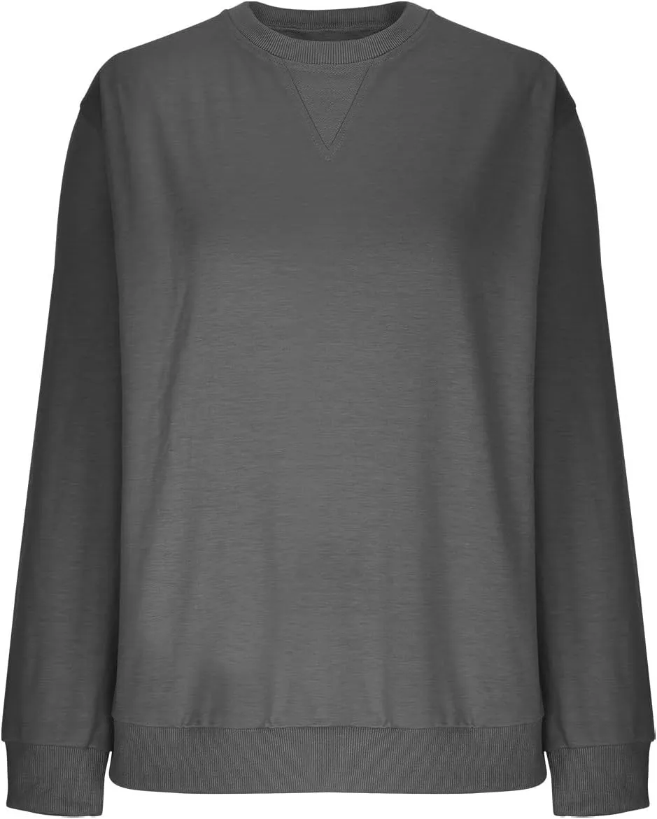 Women's Casual Long Sleeve Shirts Tops Loose Casual Solid Round Neck Pullover Blouse 2024 Fall Outfits