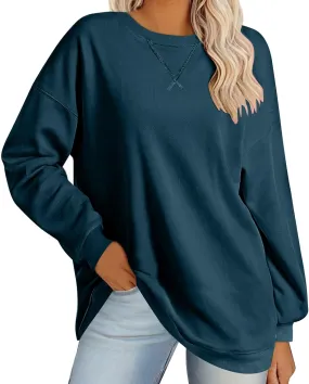 Women's Casual Long Sleeve Shirts Tops Loose Casual Solid Round Neck Pullover Blouse 2024 Fall Outfits
