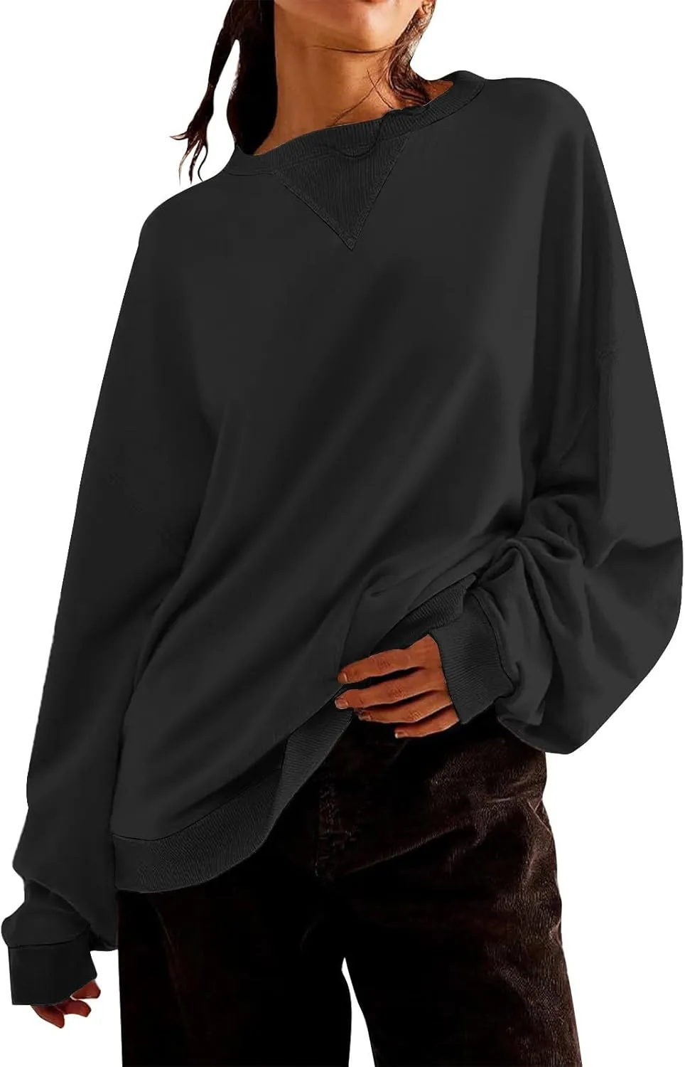 Women's Casual Long Sleeve Shirts Tops Loose Casual Solid Round Neck Pullover Blouse 2024 Fall Outfits