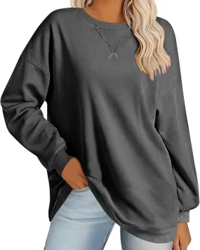 Women's Casual Long Sleeve Shirts Tops Loose Casual Solid Round Neck Pullover Blouse 2024 Fall Outfits