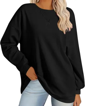 Women's Casual Long Sleeve Shirts Tops Loose Casual Solid Round Neck Pullover Blouse 2024 Fall Outfits