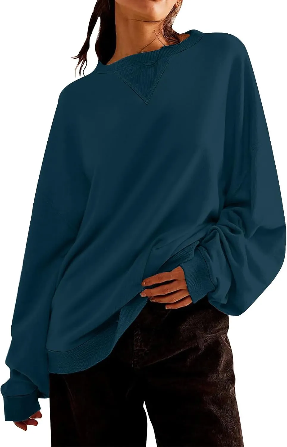 Women's Casual Long Sleeve Shirts Tops Loose Casual Solid Round Neck Pullover Blouse 2024 Fall Outfits