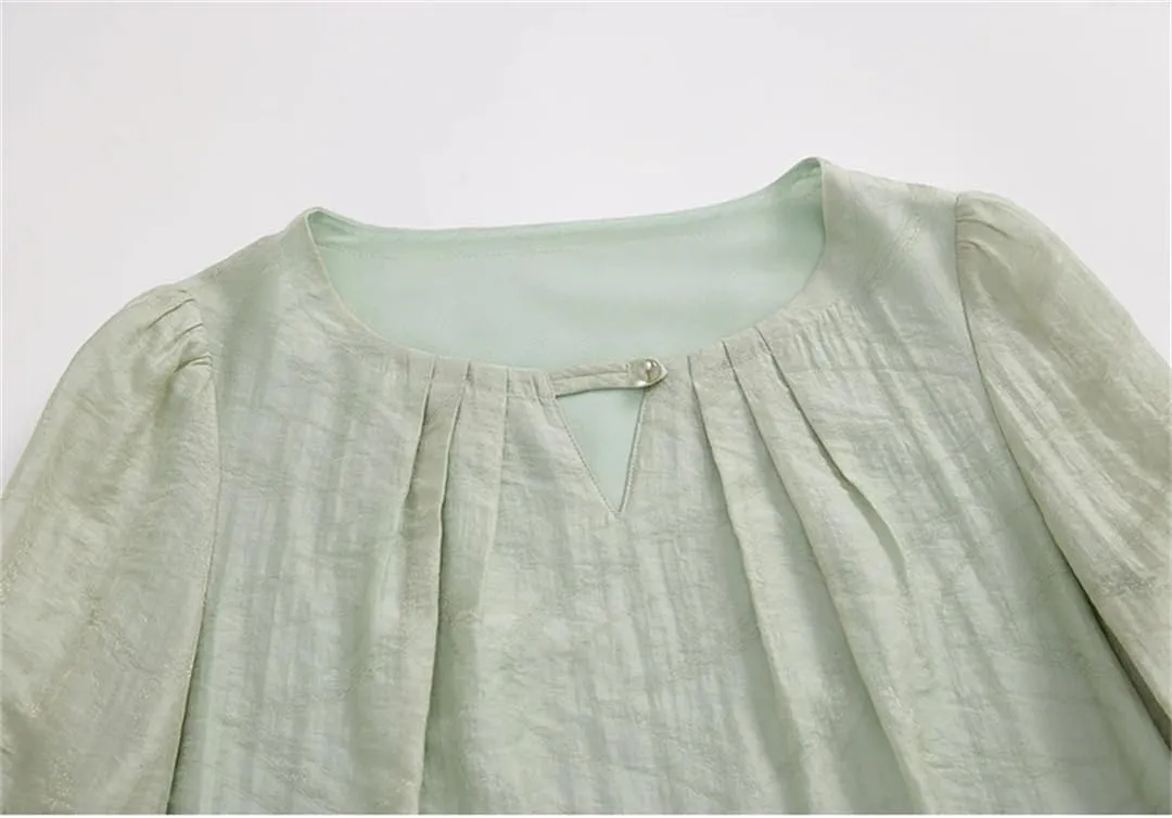 Womens Chinese Style Blouses Hollow-Out Folds Round Neck Shirts Long Sleeve Office Lady Shirts