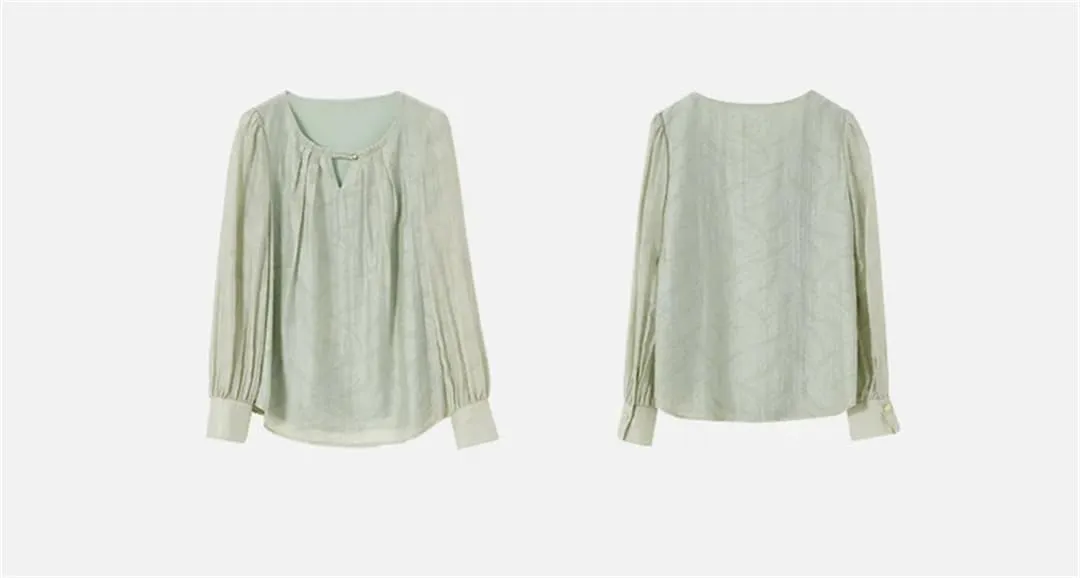 Womens Chinese Style Blouses Hollow-Out Folds Round Neck Shirts Long Sleeve Office Lady Shirts