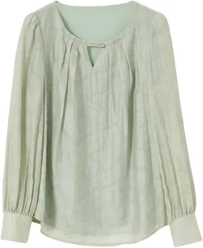 Womens Chinese Style Blouses Hollow-Out Folds Round Neck Shirts Long Sleeve Office Lady Shirts