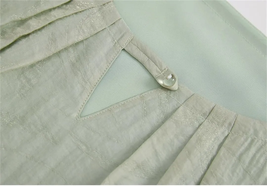 Womens Chinese Style Blouses Hollow-Out Folds Round Neck Shirts Long Sleeve Office Lady Shirts