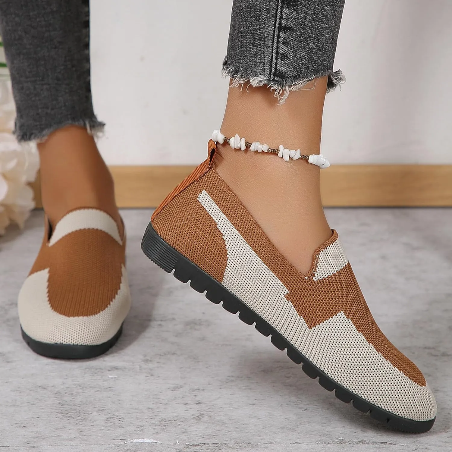 Womens Colour Walking Shoes Round Head Mesh Breathable Flat Sneakers Casual Comfortable Beach Ballet Flats Shoes