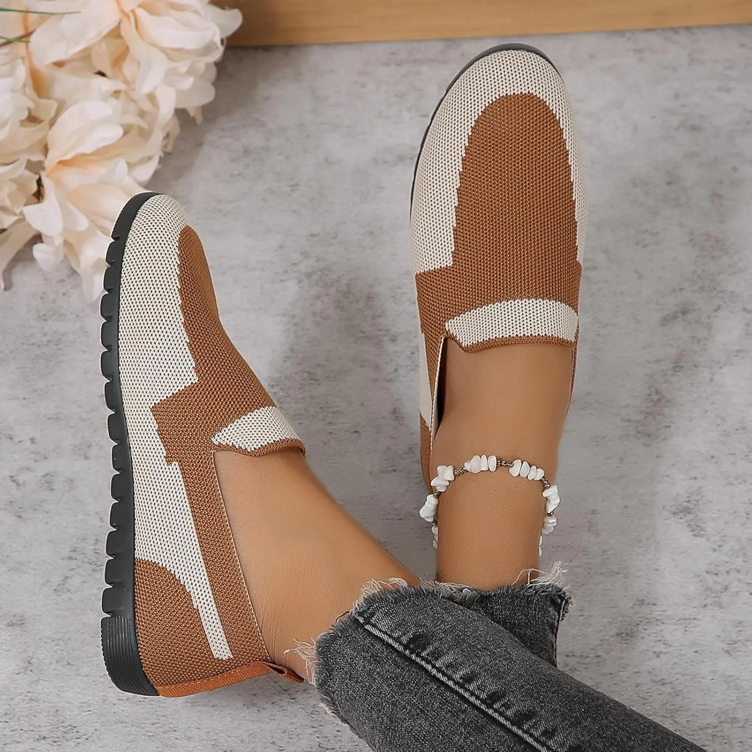 Womens Colour Walking Shoes Round Head Mesh Breathable Flat Sneakers Casual Comfortable Beach Ballet Flats Shoes