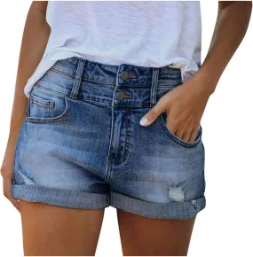 Womens Denim Shorts High Waisted Stretch Casual Ripped Hole Vintage Jeans Shorts Solid Folded Hem Slim Shorts Womens Shorts for Summer Dressy