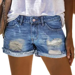 Womens Denim Shorts High Waisted Stretchable Trendy Ripped Hole Mom Short Jeans Plain Color Rolled Hem Hot Shorts Womens Shorts for Summer