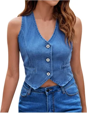 Womens Denim Vest Sleeveless V Neck Button Down Jean Jacket Summer Crop Tops Puffed Vest Womens Coat