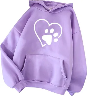 Womens Dog Paw Print Hoodies Cute Heart Graphic Sweatshirts Casual Loose Fit Long Sleeve Hooded Pocketed Pullover