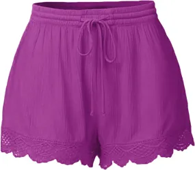 Womens Drawstring Elastic Casual Shorts High Waisted Lace Trim Shorts Comfy Trendy Summer Shorts