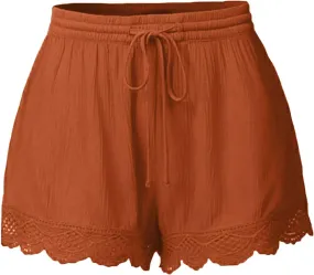 Womens Drawstring Elastic Casual Shorts High Waisted Lace Trim Shorts Comfy Trendy Summer Shorts
