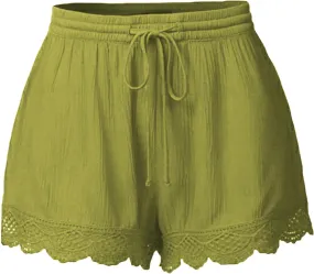 Womens Drawstring Elastic Casual Shorts High Waisted Lace Trim Shorts Comfy Trendy Summer Shorts