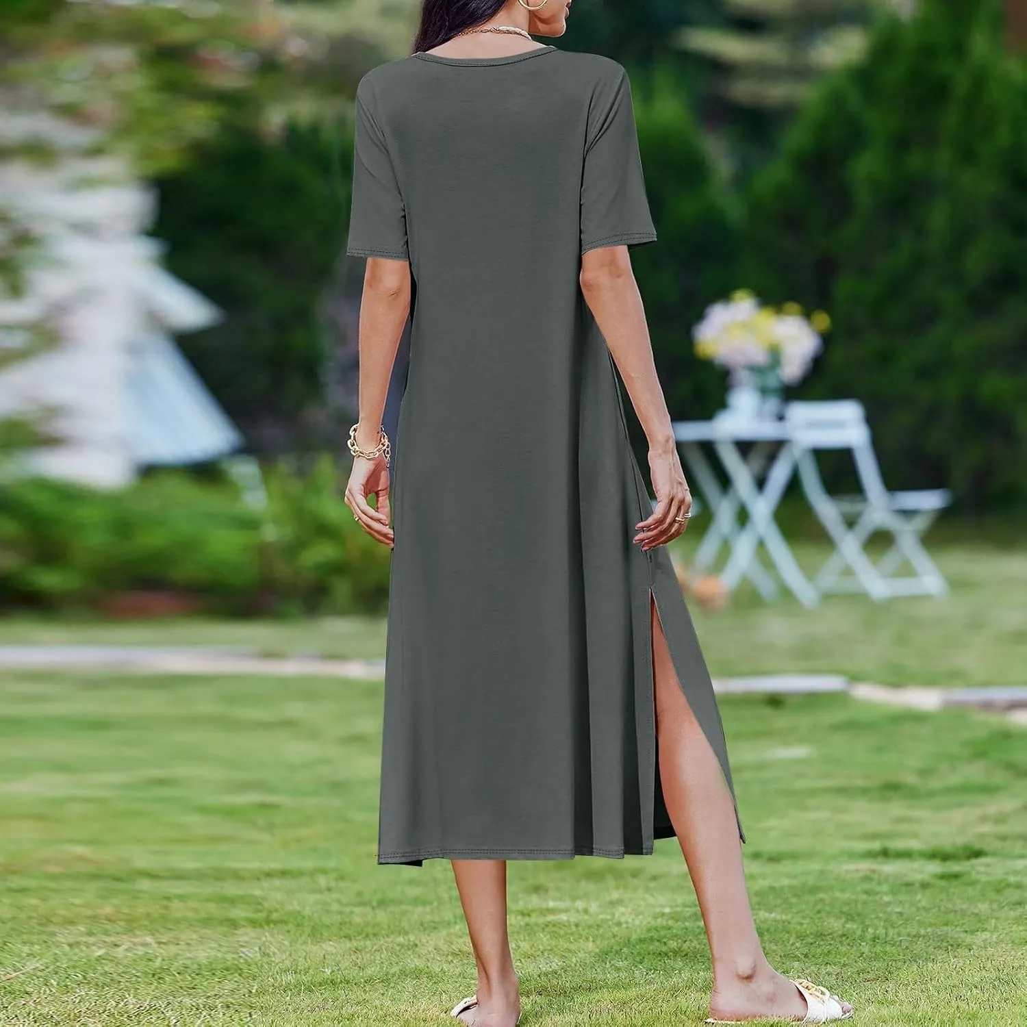 Womens Dresses Slit Short Sleeve Round Neck Sexy Bohemian Casual Loose Fit Dress