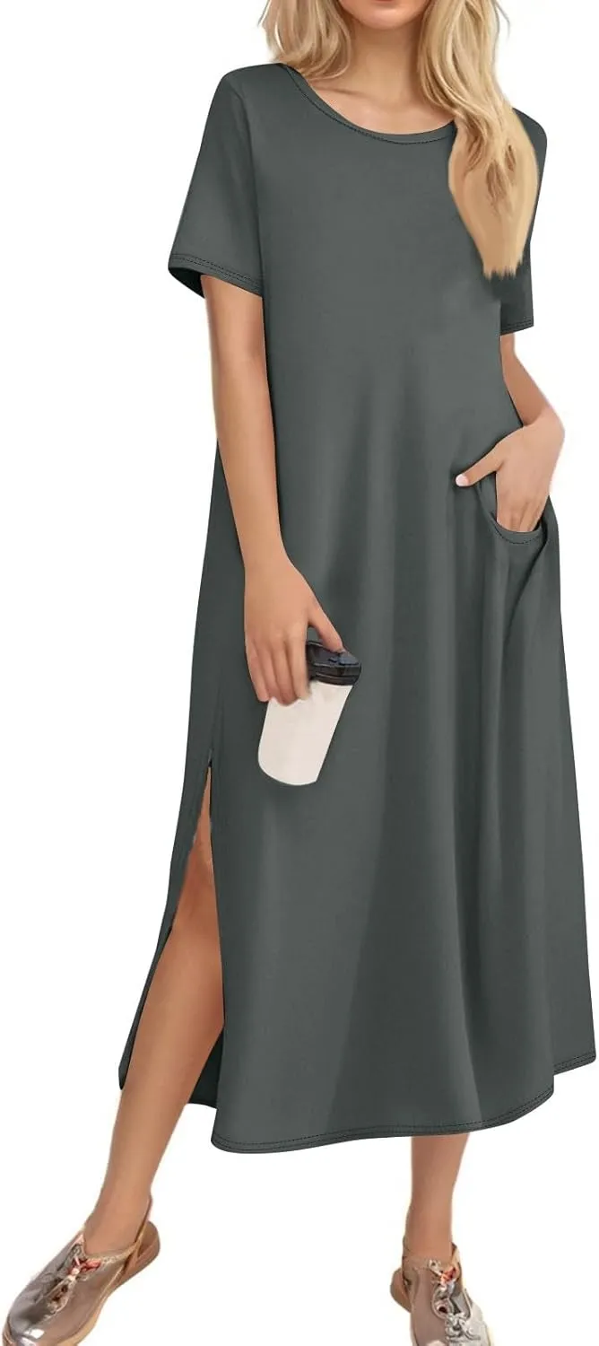 Womens Dresses Slit Short Sleeve Round Neck Sexy Bohemian Casual Loose Fit Dress