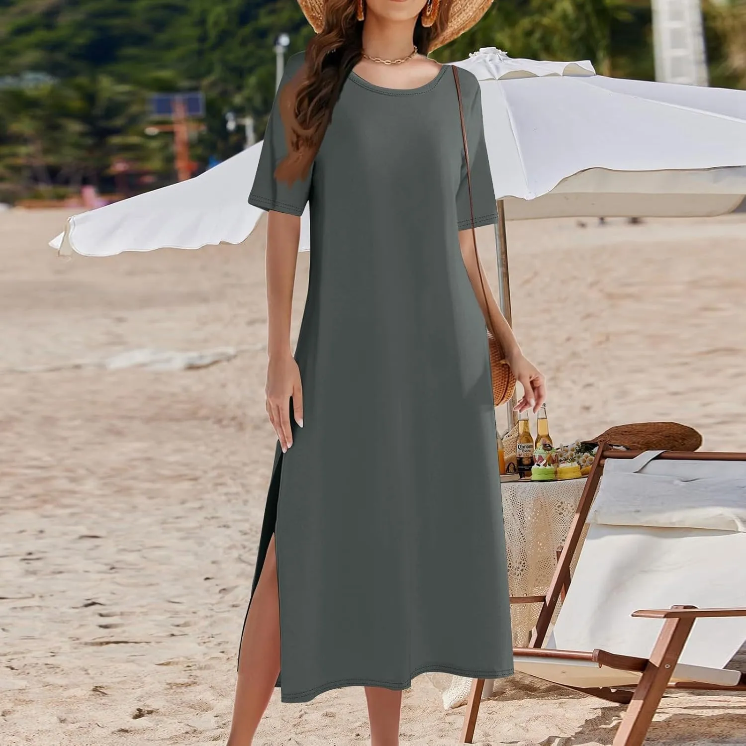 Womens Dresses Slit Short Sleeve Round Neck Sexy Bohemian Casual Loose Fit Dress