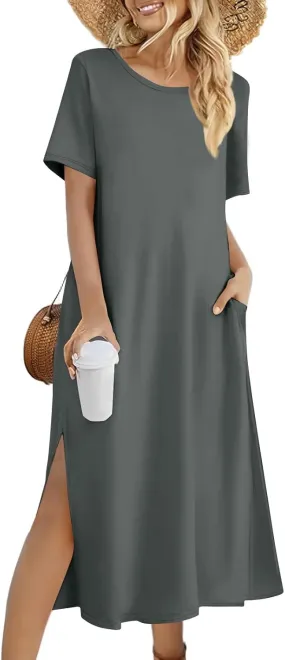 Womens Dresses Slit Short Sleeve Round Neck Sexy Bohemian Casual Loose Fit Dress