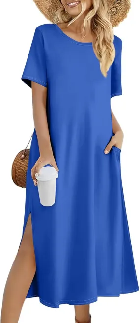 Womens Dresses Slit Short Sleeve Round Neck Sexy Bohemian Casual Loose Fit Dress