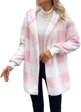 Womens Flannel Shacket Jacket Hooded Jackets Up Button Cardigan Trendy Plaid Fuzzy Outerwear Womens Long Flannel