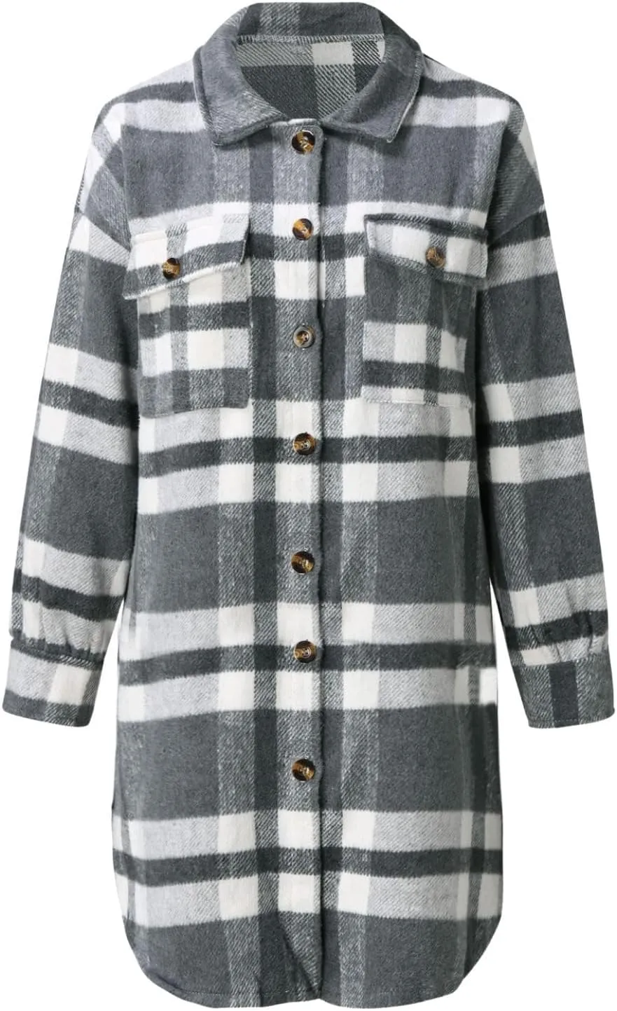 Womens Flannel Shirts Wool Blend Plaid Coats Loose Fit Long Shirts Jacket Tartan Trench Coats