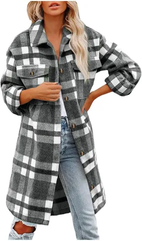 Womens Flannel Shirts Wool Blend Plaid Coats Loose Fit Long Shirts Jacket Tartan Trench Coats