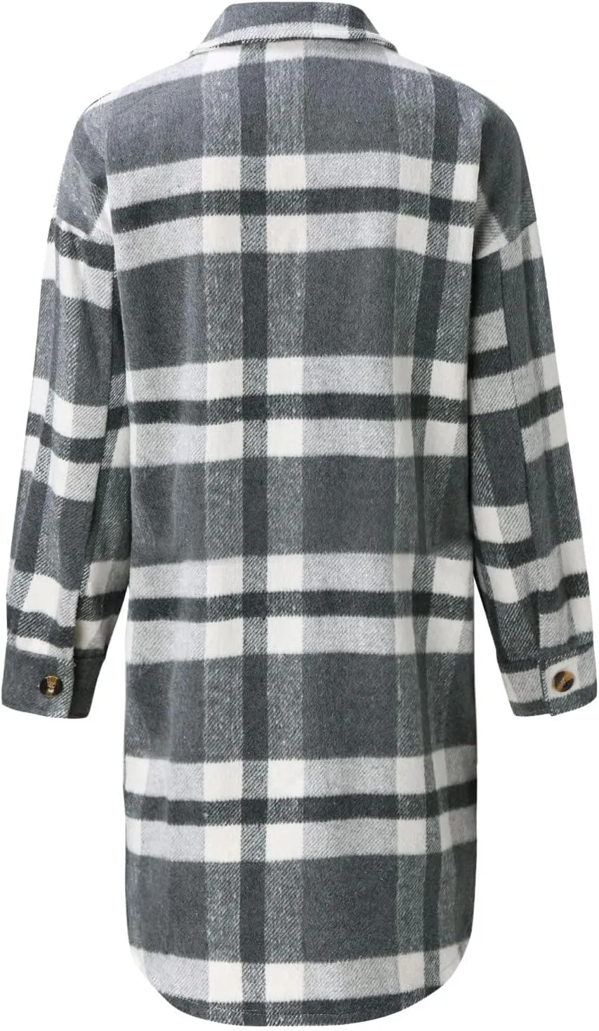 Womens Flannel Shirts Wool Blend Plaid Coats Loose Fit Long Shirts Jacket Tartan Trench Coats
