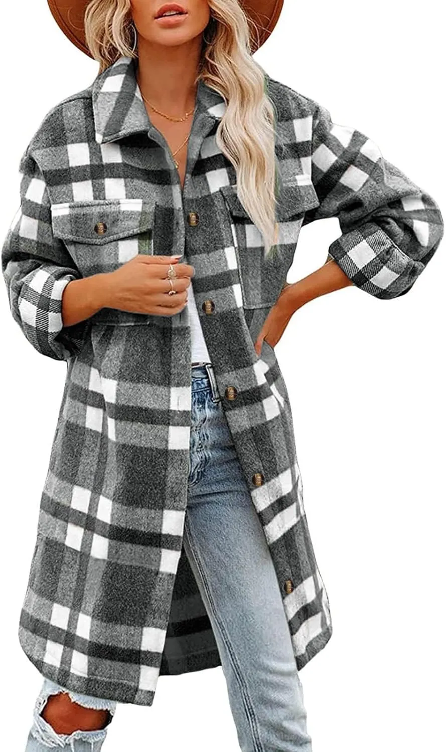Womens Flannel Shirts Wool Blend Plaid Coats Loose Fit Long Shirts Jacket Tartan Trench Coats