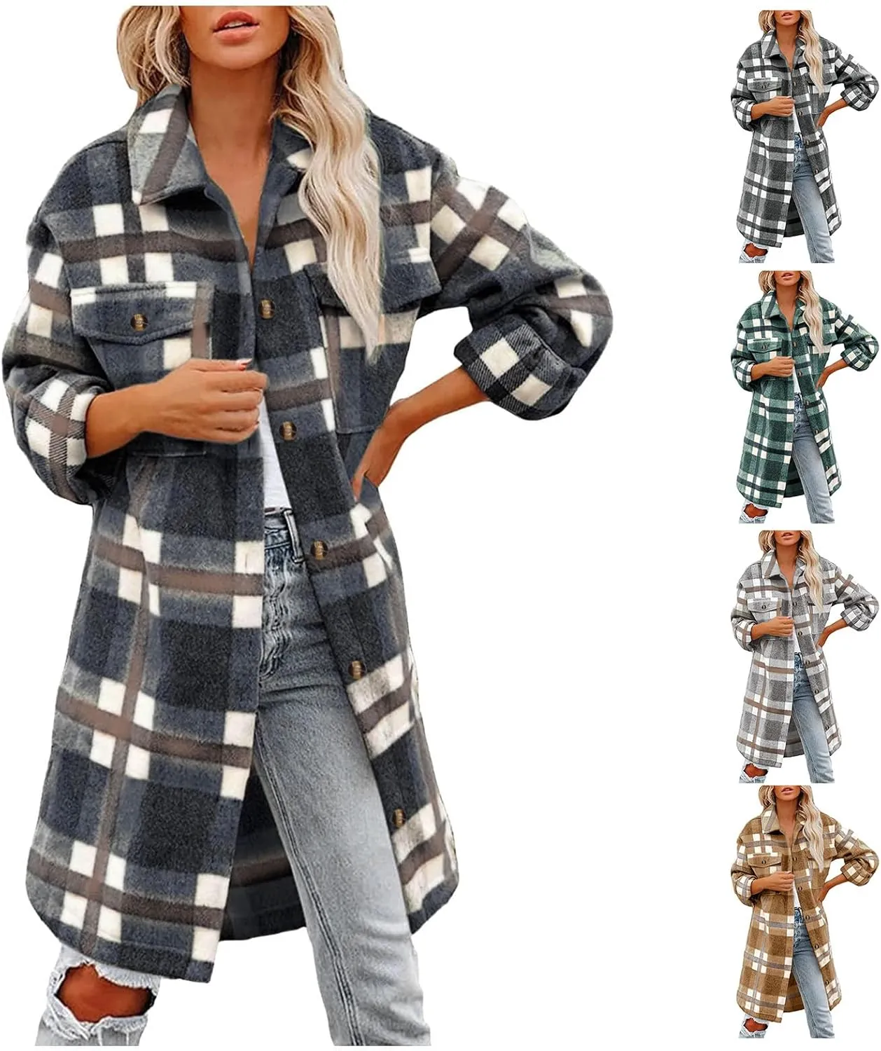 Womens Flannel Shirts Wool Blend Plaid Coats Loose Fit Long Shirts Jacket Tartan Trench Coats