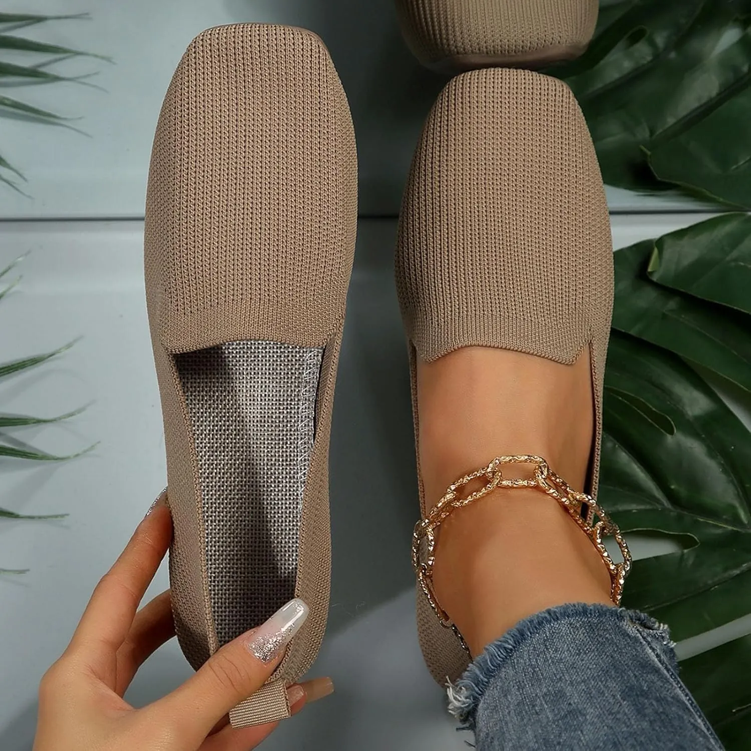 Womens Flat Shoes Knitted Lightweight Loafers Flats Shoes Round Toe Ballet Flat Shoe Casual Breathable Walking Shoe