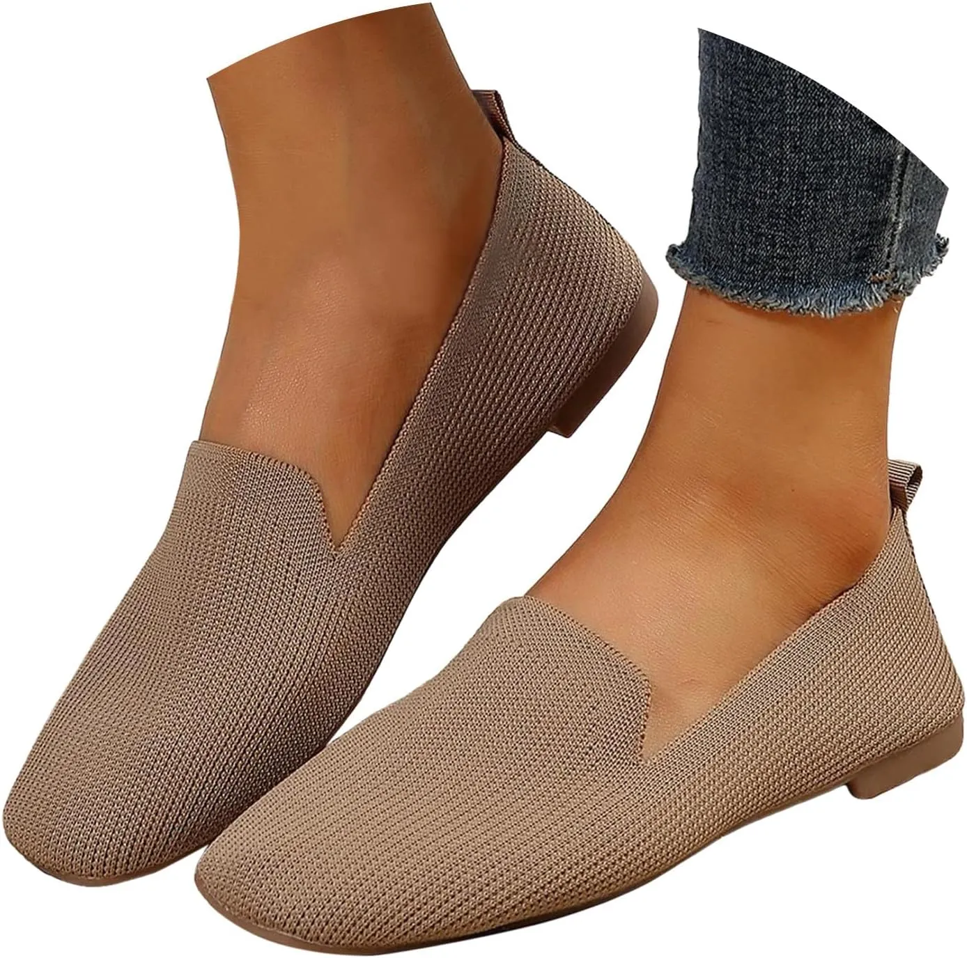 Womens Flat Shoes Knitted Lightweight Loafers Flats Shoes Round Toe Ballet Flat Shoe Casual Breathable Walking Shoe