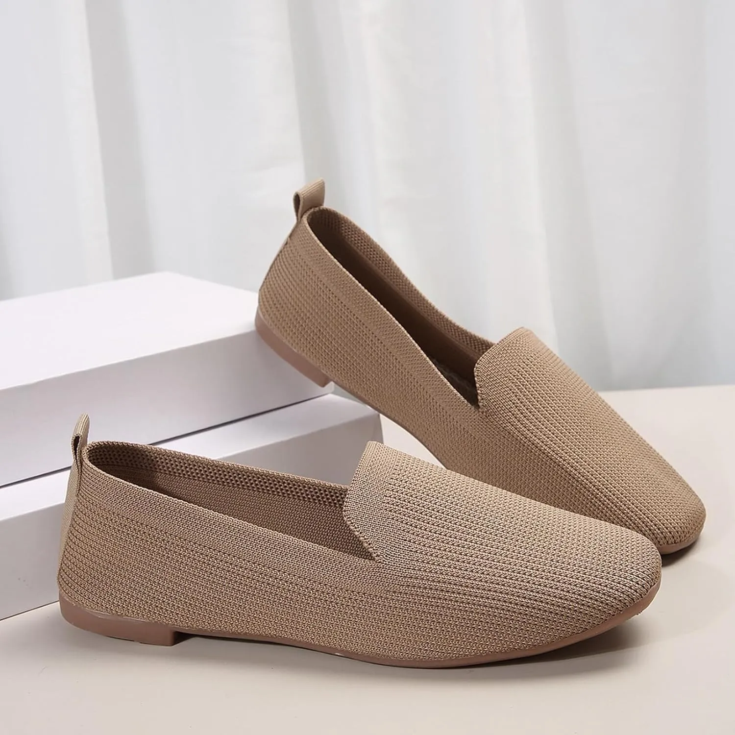 Womens Flat Shoes Knitted Lightweight Loafers Flats Shoes Round Toe Ballet Flat Shoe Casual Breathable Walking Shoe