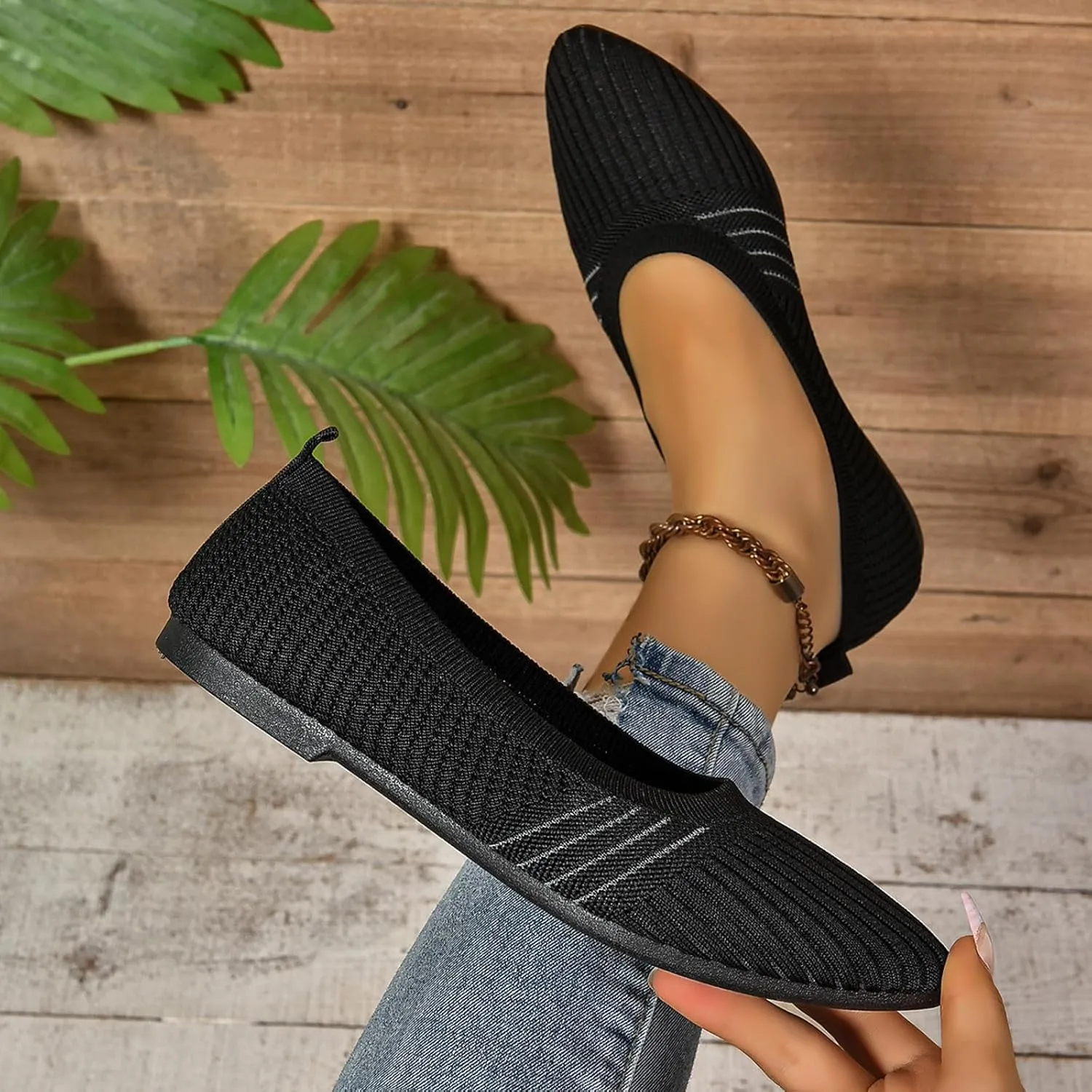 Womens Flats Summer Knitting Walking Shoes Breathable Mesh Loafers Round Toe Slip On Ballerina Walking Flats Shoe