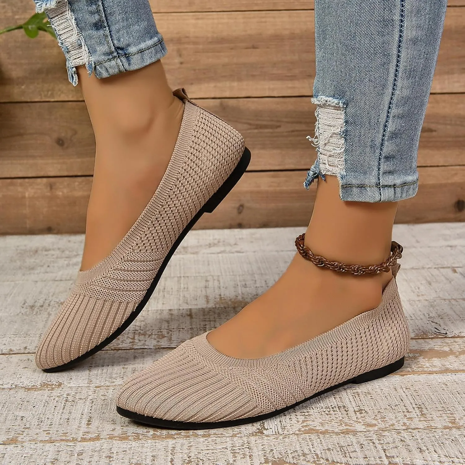 Womens Flats Summer Knitting Walking Shoes Breathable Mesh Loafers Round Toe Slip On Ballerina Walking Flats Shoe