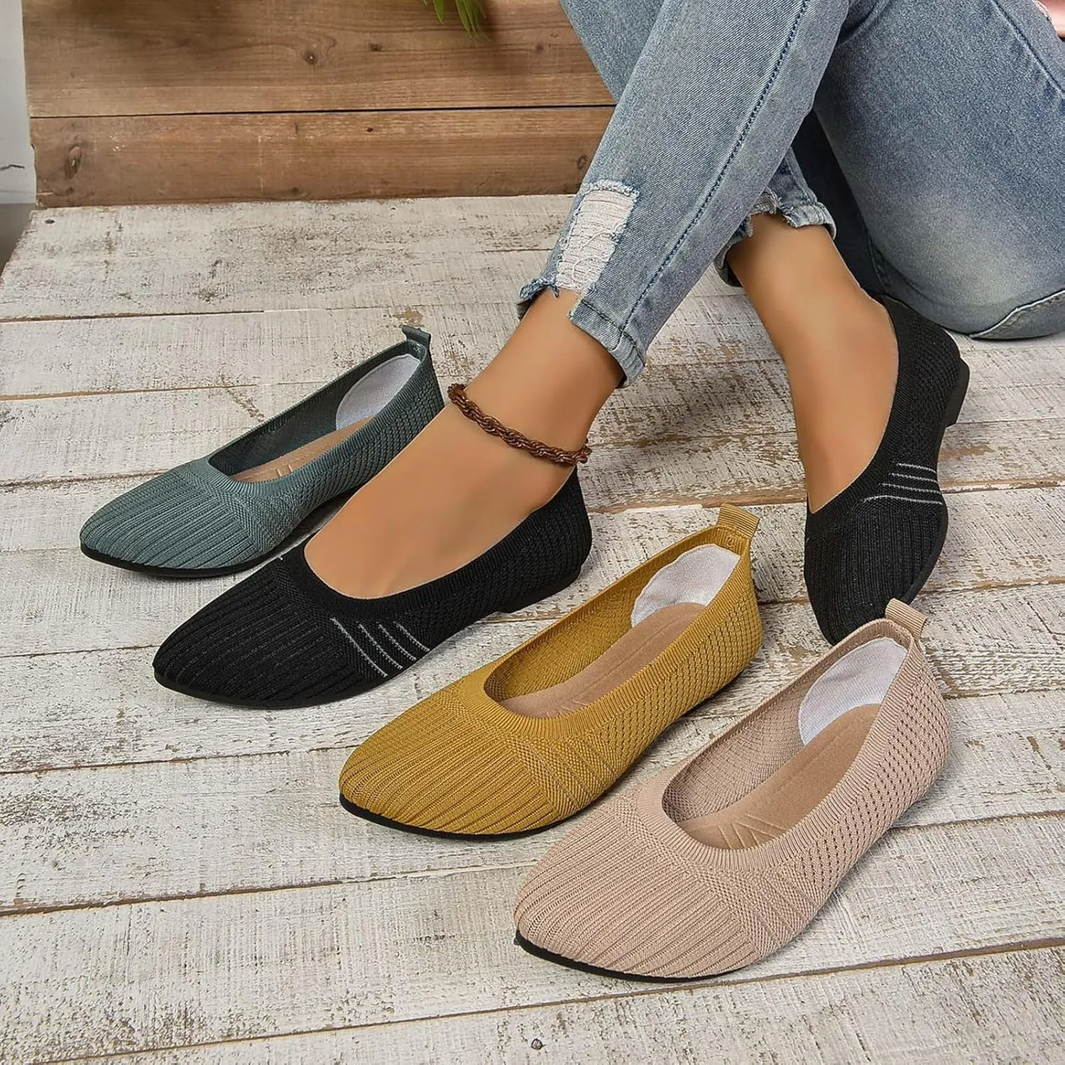 Womens Flats Summer Knitting Walking Shoes Breathable Mesh Loafers Round Toe Slip On Ballerina Walking Flats Shoe