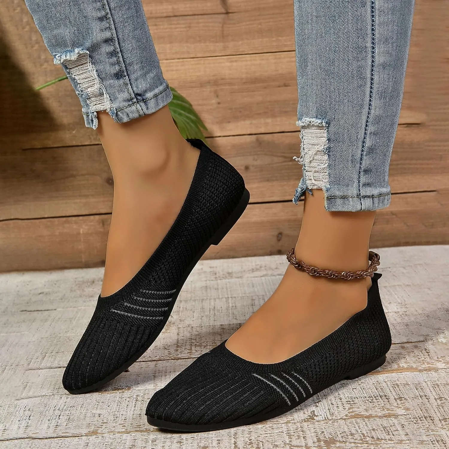 Womens Flats Summer Knitting Walking Shoes Breathable Mesh Loafers Round Toe Slip On Ballerina Walking Flats Shoe