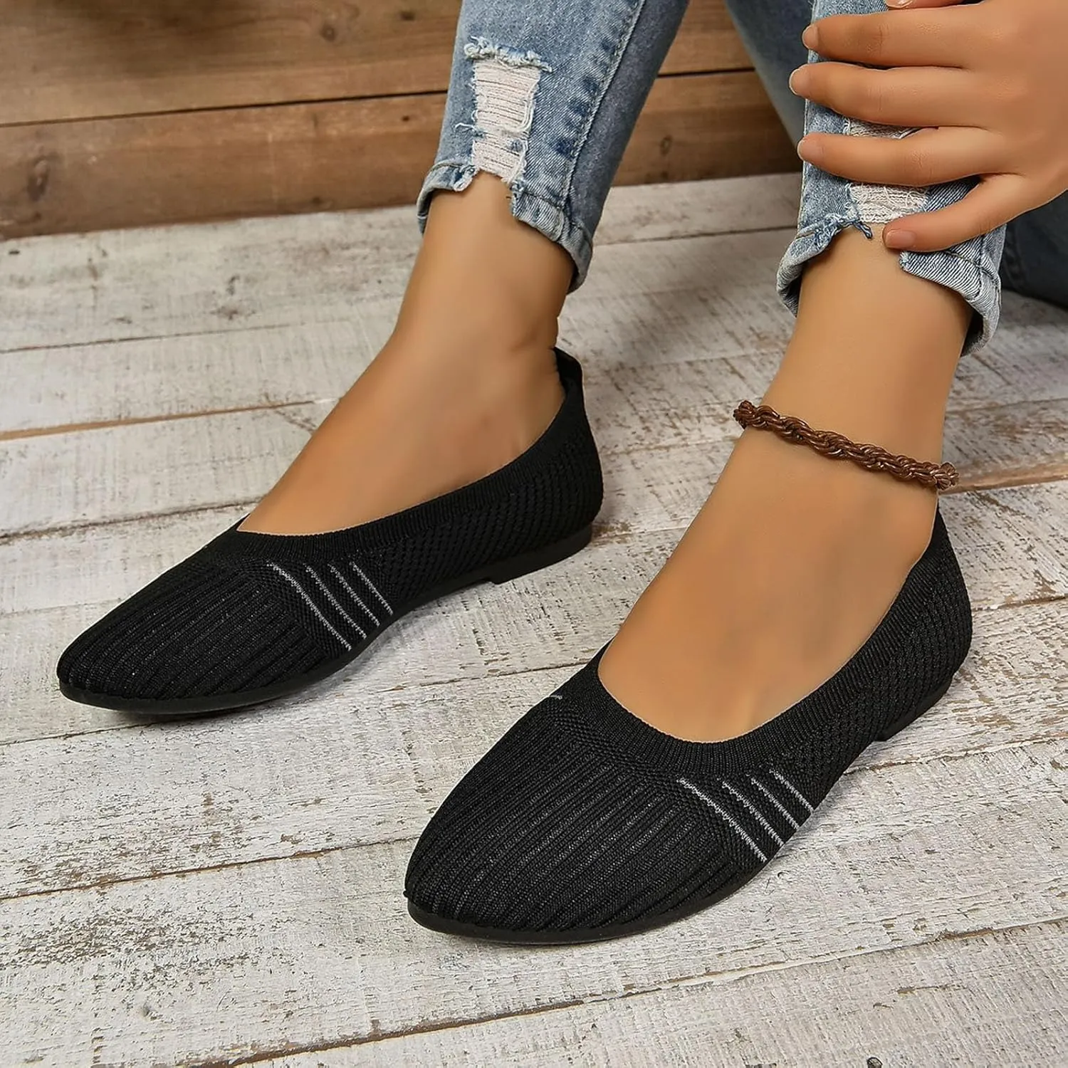 Womens Flats Summer Knitting Walking Shoes Breathable Mesh Loafers Round Toe Slip On Ballerina Walking Flats Shoe