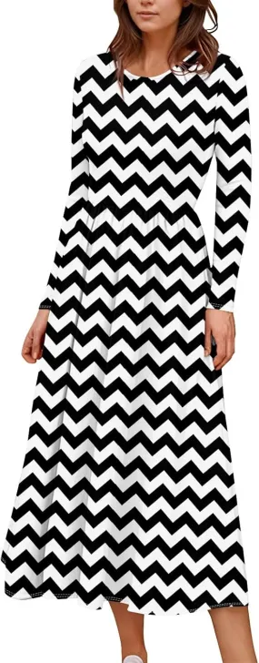 Womens Formal Long Sleeve Crewneck Maxi Dresses Vacation Casual Graphic Print Summer Dress