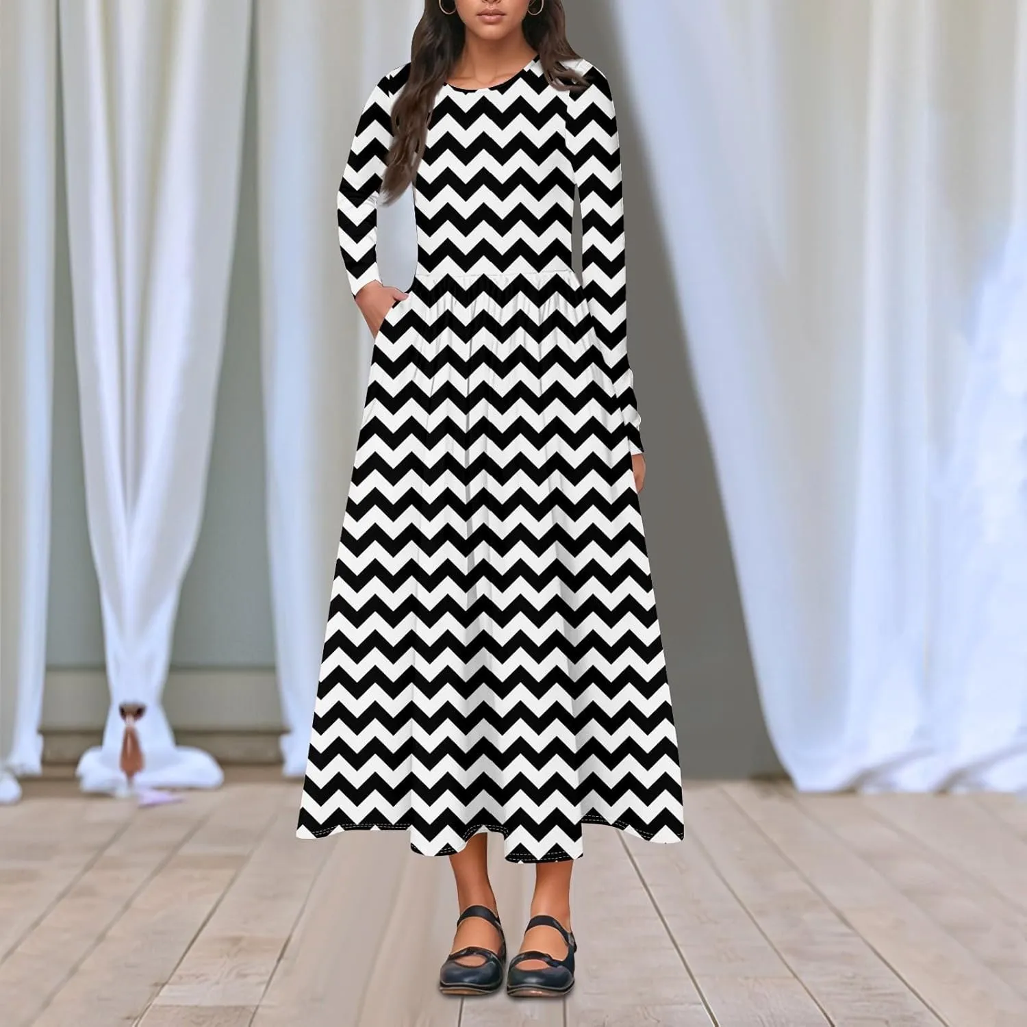 Womens Formal Long Sleeve Crewneck Maxi Dresses Vacation Casual Graphic Print Summer Dress