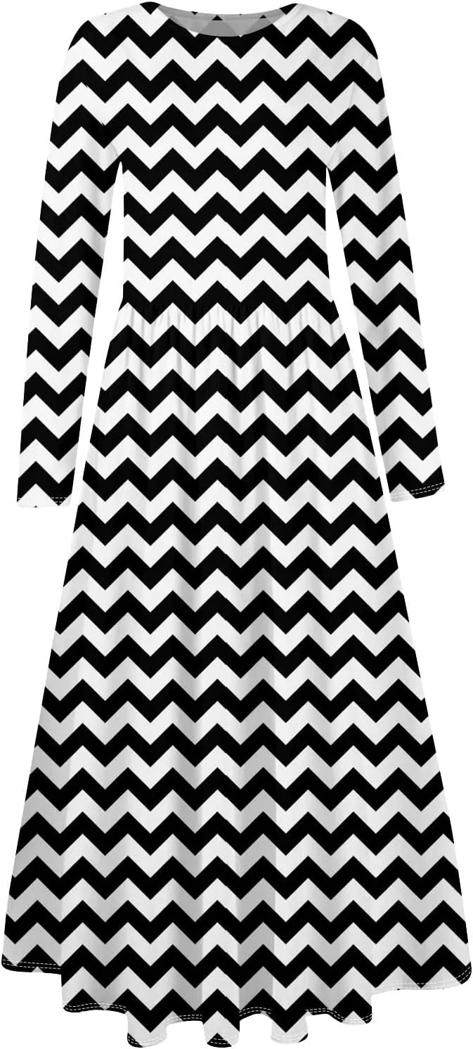 Womens Formal Long Sleeve Crewneck Maxi Dresses Vacation Casual Graphic Print Summer Dress