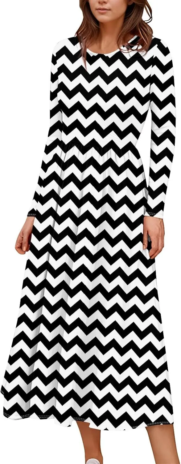 Womens Formal Long Sleeve Crewneck Maxi Dresses Vacation Casual Graphic Print Summer Dress