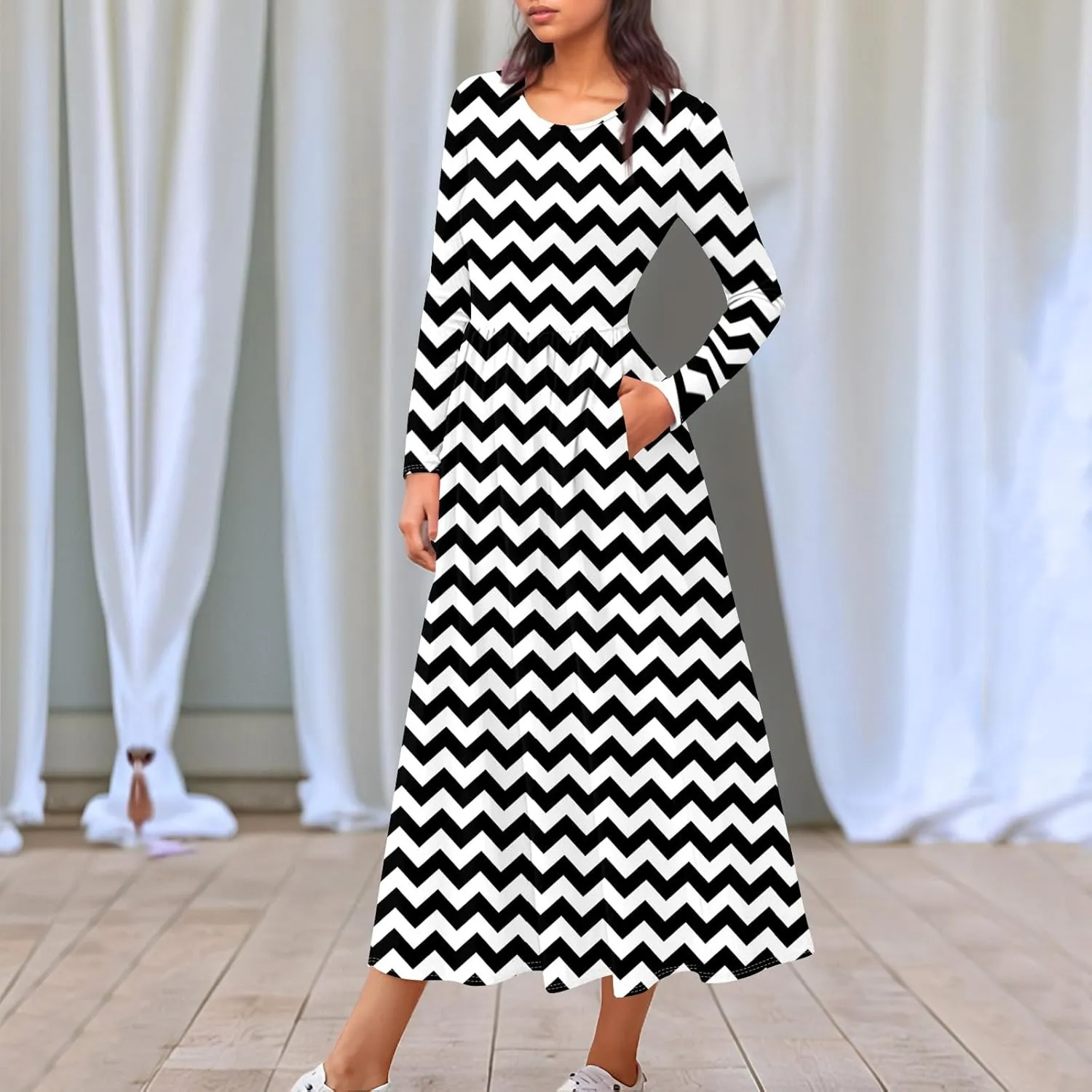 Womens Formal Long Sleeve Crewneck Maxi Dresses Vacation Casual Graphic Print Summer Dress