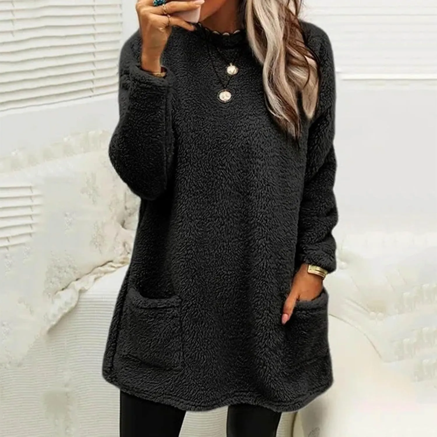 Womens Fuzzy Fleece Pullover Sherpa Sweatshirt Turtleneck Long Sleeve Sweatshirts Winter Warm Outwear Tops with Pockets