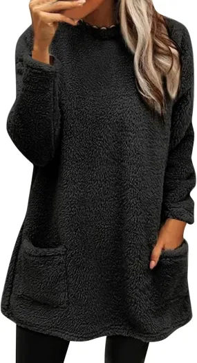 Womens Fuzzy Fleece Pullover Sherpa Sweatshirt Turtleneck Long Sleeve Sweatshirts Winter Warm Outwear Tops with Pockets
