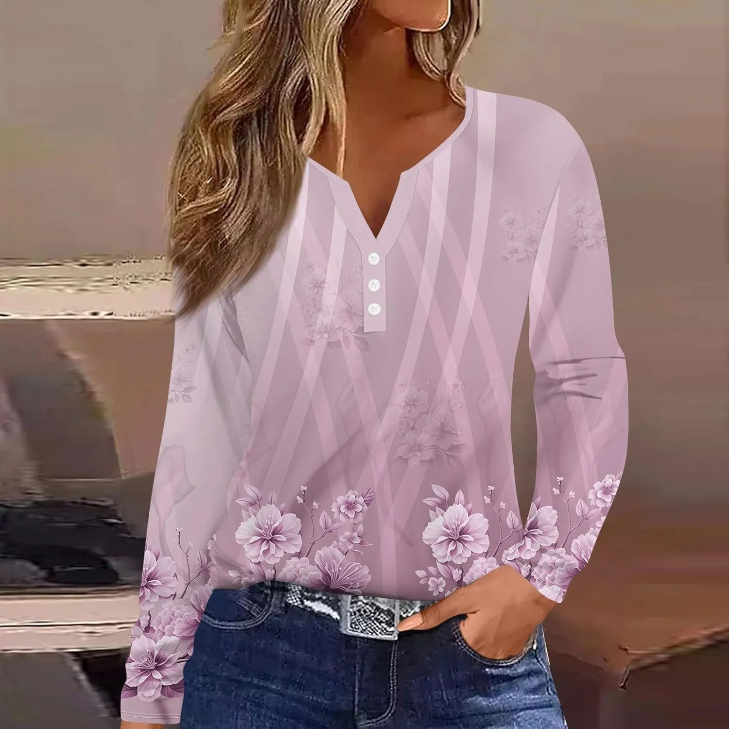 Womens Graphic Tees Long Sleeve Shirts V Neck Button Trendy Casual Tunics Floral Print Henley Loose Clothing