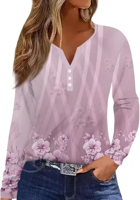 Womens Graphic Tees Long Sleeve Shirts V Neck Button Trendy Casual Tunics Floral Print Henley Loose Clothing