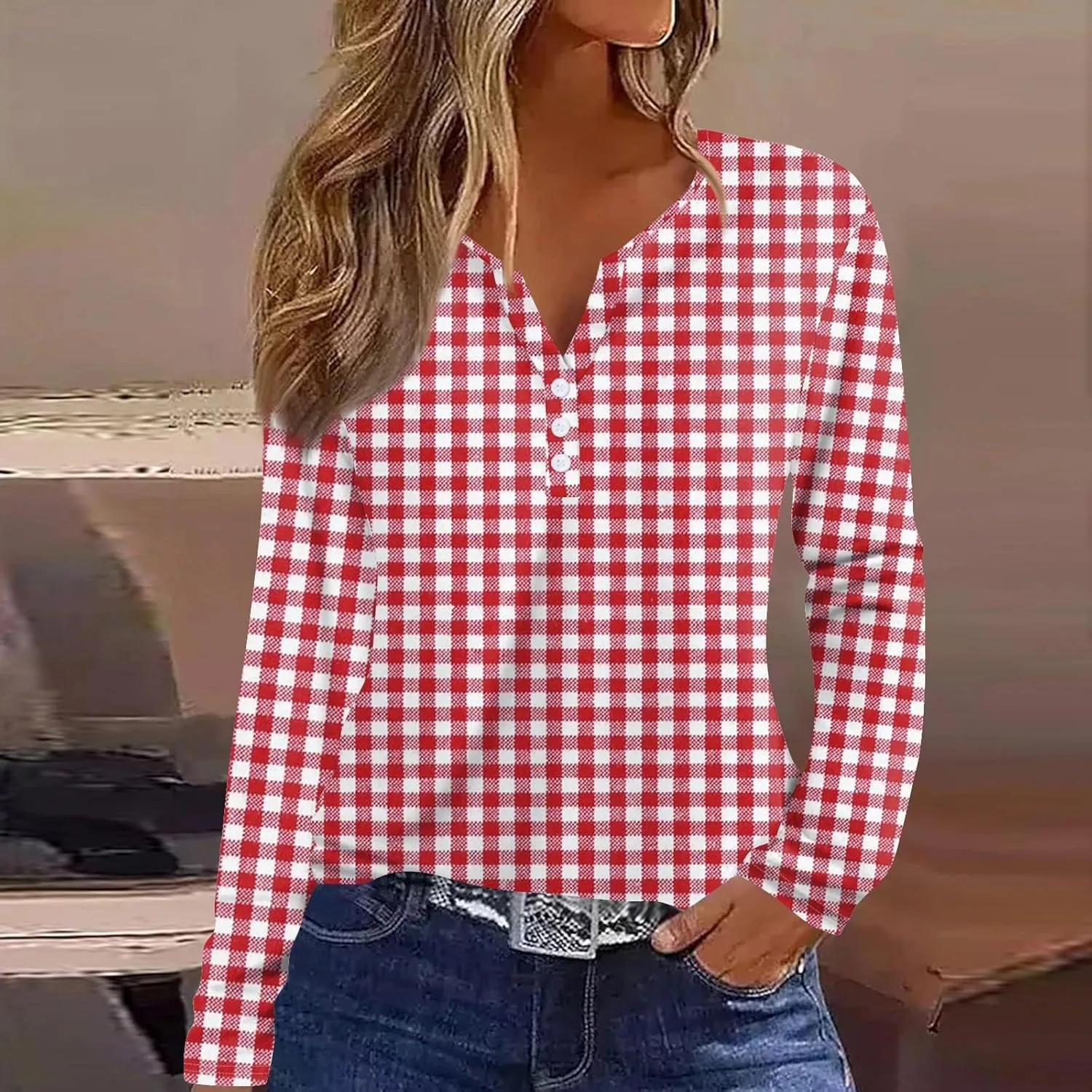 Womens Graphic Tees Long Sleeve Shirts V Neck Button Trendy Loose Floral Print Henley Casual Tunics Clothing